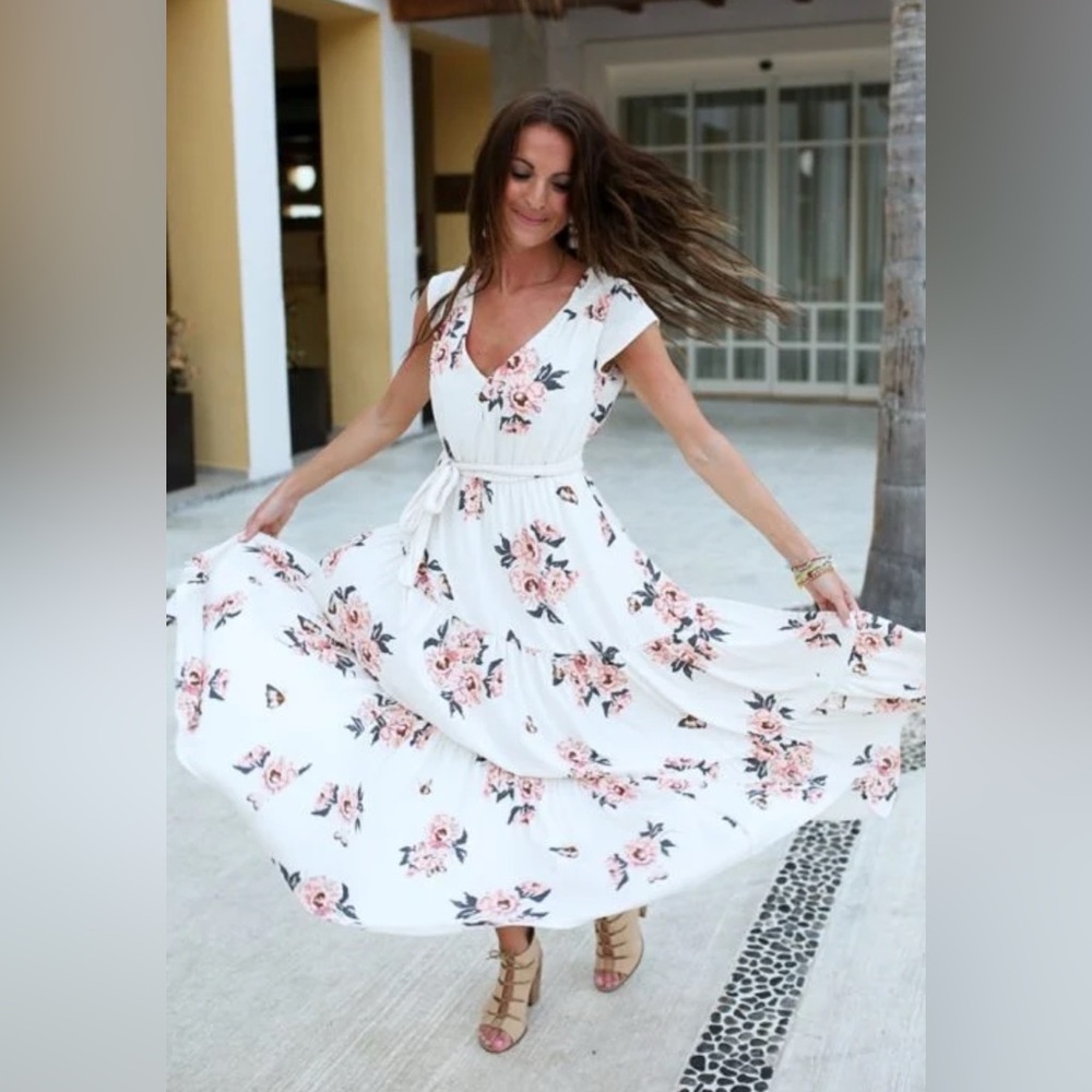Free People All I Got Floral Maxi tiered Dress  short sleeve prarie lined